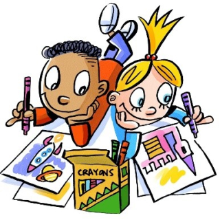 Cartoon illustration of two children colouring pictures