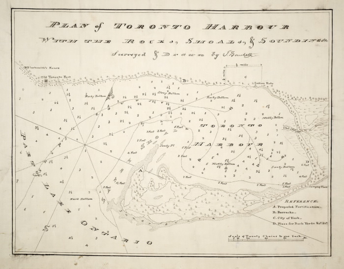 Vintage map showing Toronto Island attached to the coast and the text reads reading Plan of Toronto Harbour with the Rocks Shoal and soundings