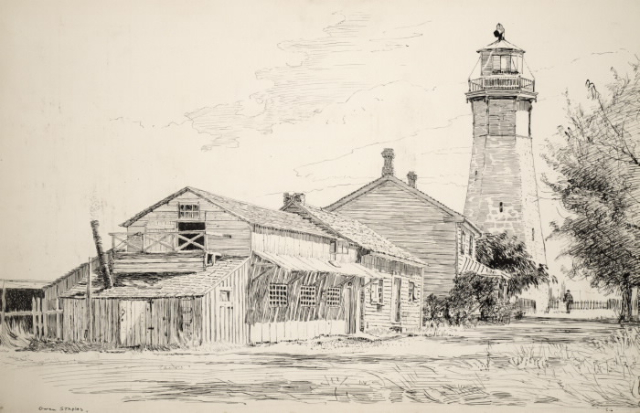 Sketch of wood house in front of lighthouse Sketch of wood house in front of lighthouse