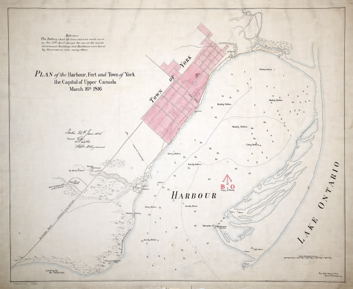 Map titled Plan of the Harbour Fort and Town of York the Capital of Upper Canada March 16 1816 Map titled Plan of the Harbour Fort and Town of York the Capital of Upper Canada March 16 1816