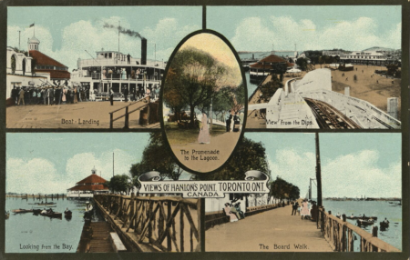 Vintage postcard divided into five panels showing different parts of a coastal location