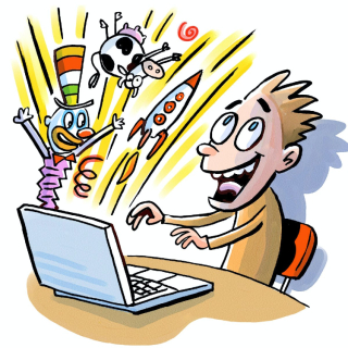 Cartoon illustration of kid using laptop. A jack-in-the-box a cow and a rocket spring out of the device Cartoon illustration of kid using laptop. A jack-in-the-box a cow and a rocket spring out of the device