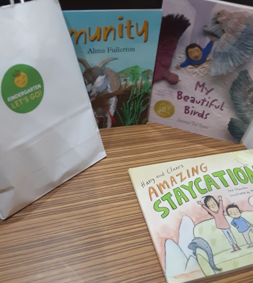 Children’s books and Kindergarten Let’s Go! Activity Kit on display at one of the receiving sites. Children’s books and Kindergarten Let’s Go! Activity Kit on display at one of the receiving sites.