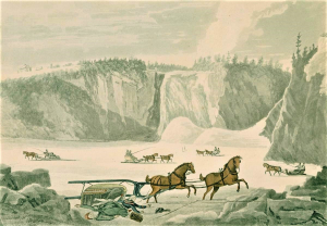Illustration of wintry scene with carriage tipped over and horses