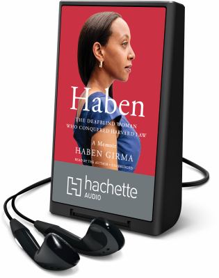 Cover of Haben - Playaway edition: photo of the author in profile wearing a bright blue top against a red background.