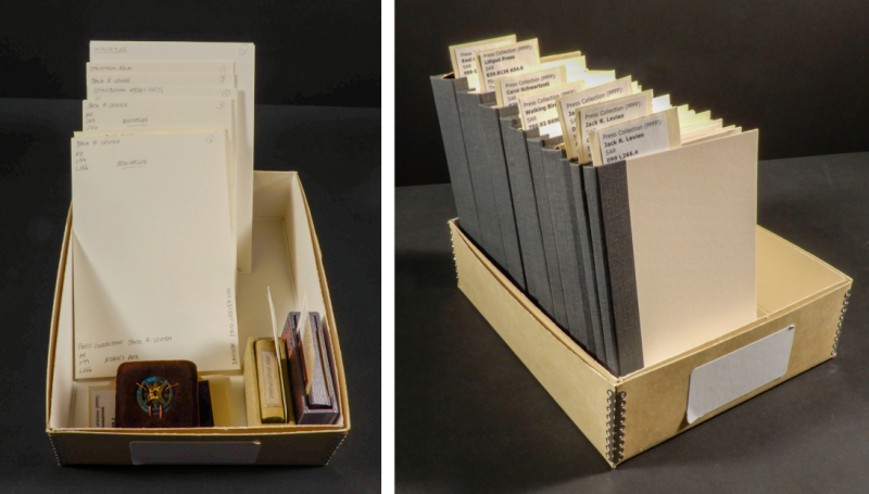 Two images of the same open box, the one on left with loss small books and the one of the right with a tidy row or uniform storage boxes