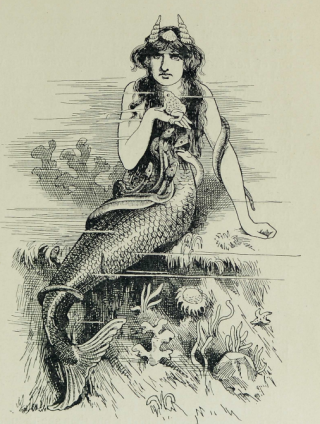 The Sea Witch is depicted in this image as a youngish woman with a mermaid's tale, glaring intently at the viewer with a frog resting on the back of her hand and eels wrapping around her torso and arms.