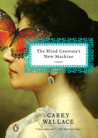 Cover of The Blind Contessa's New Machine: an illustration of a woman in profile with an orange butterfly over her eyes.