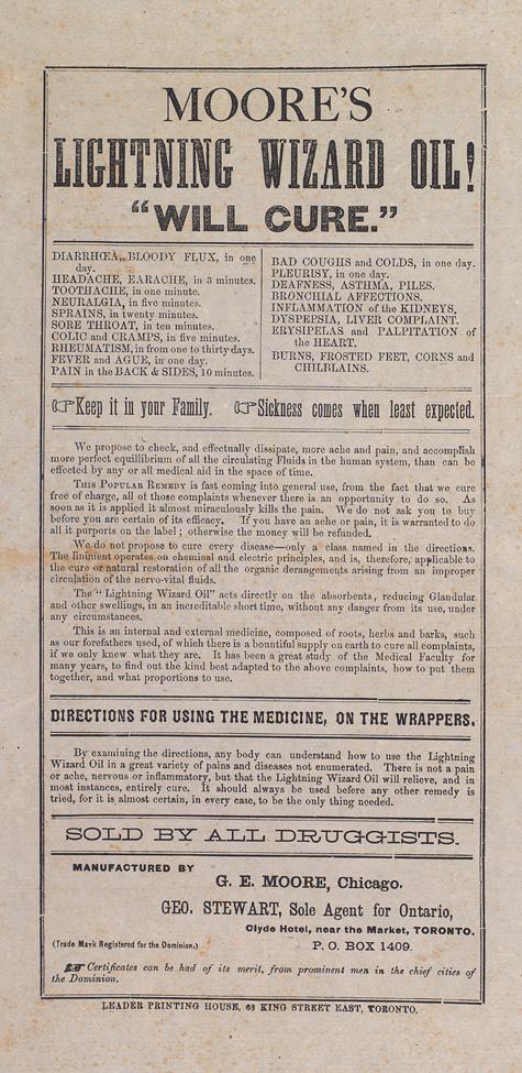 Vintage poster with a lot of text and title reading Moore's lightning wizard oil will cure