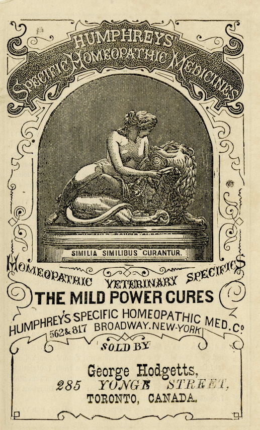 Vintage cover with statue of naked woman and lion and title reading Humphreys' Specific Homeopathic Medicines