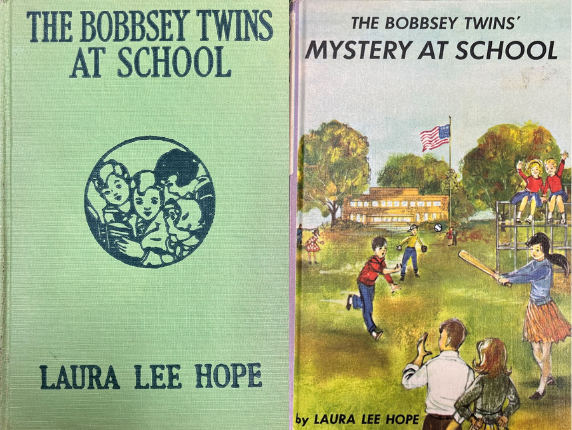 Covers of The Bobbsey Twins at School by Laura Lee Hope and The Bobbsey Twins' Mystery at School by Laura Lee Hope