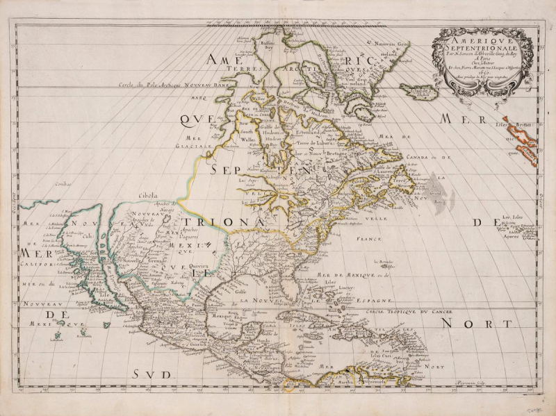 Vintage map in Latin showing the easter half of North america with large swatches of territories marked by outlines