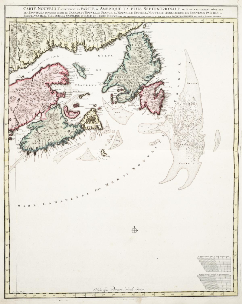 Vintage map showing large empty area below coloured regions showing east coast of what is now largely Canada