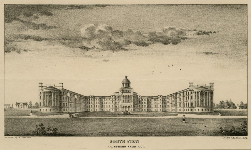 Detailed sketch of large building with caption reading South View J G Howard Architect