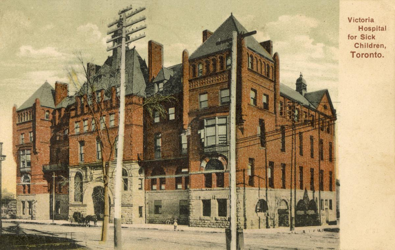 Vintage illustration of large brick building with the words Victoria Hospital for Sick Children Toronto