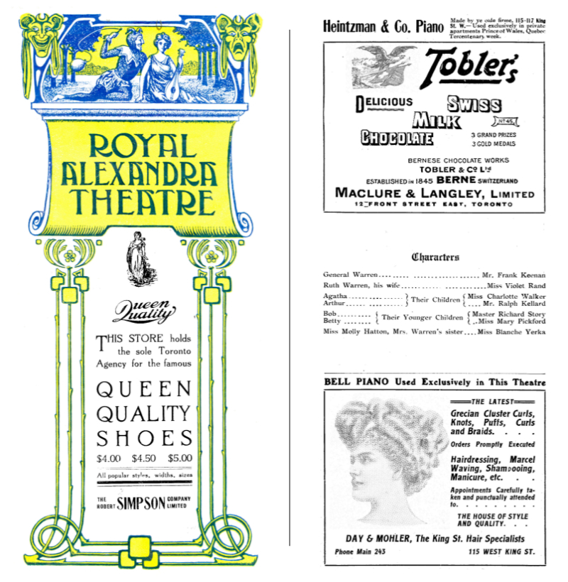 Two tall pages of program titled Royal Alexandra Theatre with ornate classical border and ads for wares such as Queen Quality Shoes and food and list of cast members