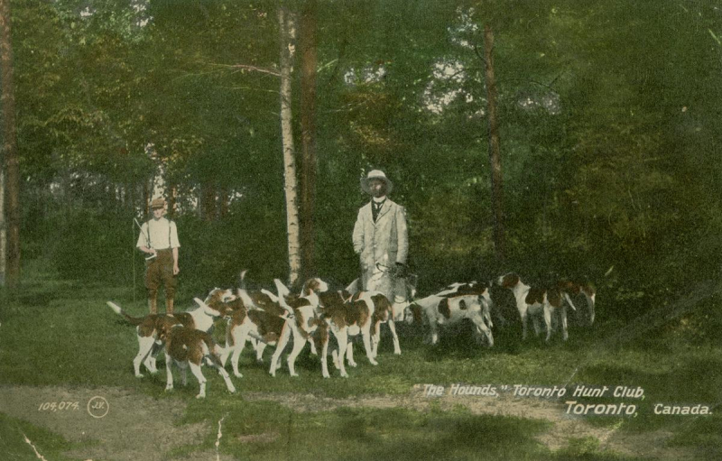 Illustration of wooded area with two peope and a grouping of dogs and the text The Hounds Toronto Hunt Club Toronto Canada