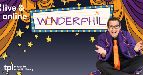 A sign reading "WonderPhil" with an illustrated background of stage curtains and stars. A man wearing a purple jacket and orange tie sits cross-legged on the right side of the image. Upper left text: live & online.