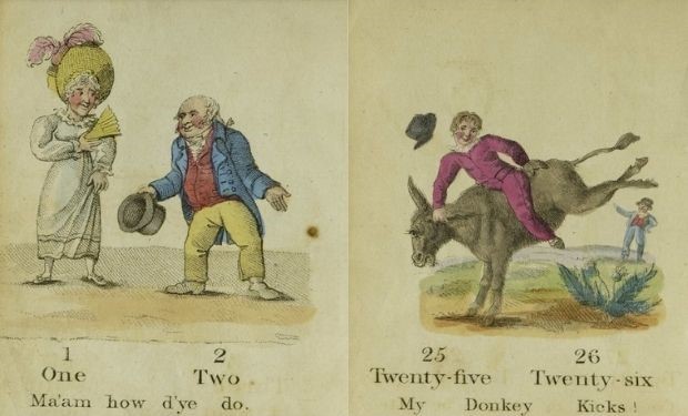 Two pages with text reading "One, Two, Ma'am how d'ye do" and "Twenty-five, Twenty-Six, My Donkey Kicks!"