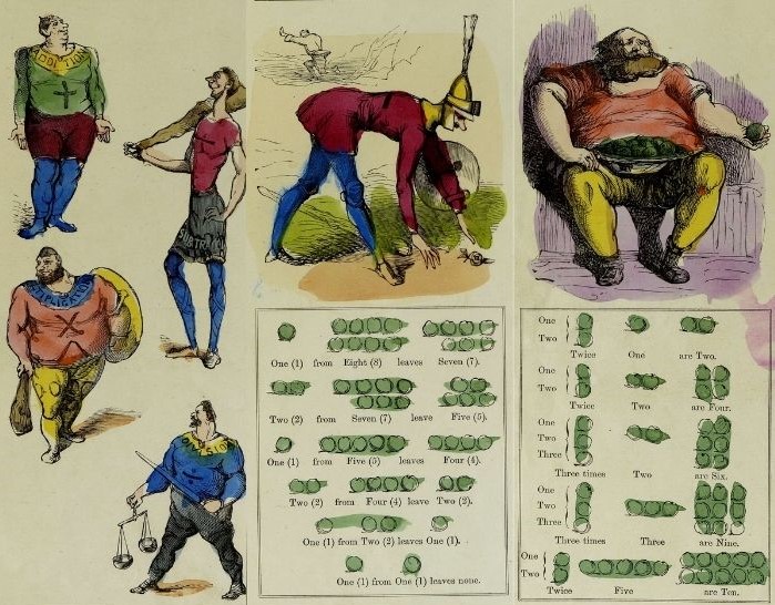 Pages from Number Castle showing the giants named Addition, Subtraction, Multiplication and Division.