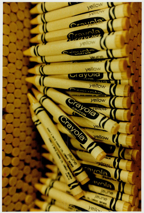 Close up of a big stack of yellow Crayola crayons