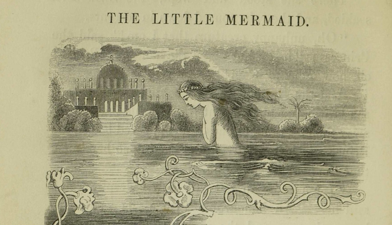 Illustration of a mermaid looking at a castle on land
