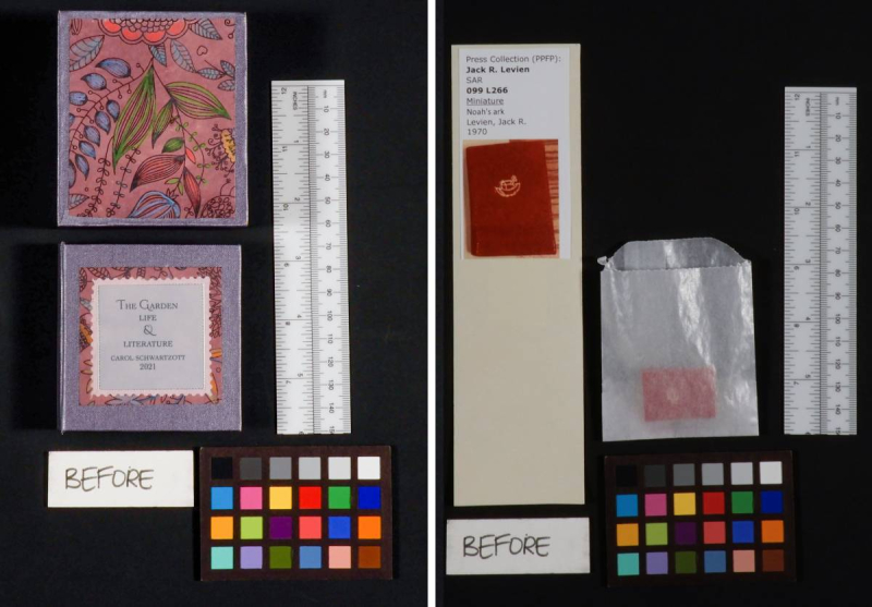 Two side by side images with ruler and colour grip next to small books