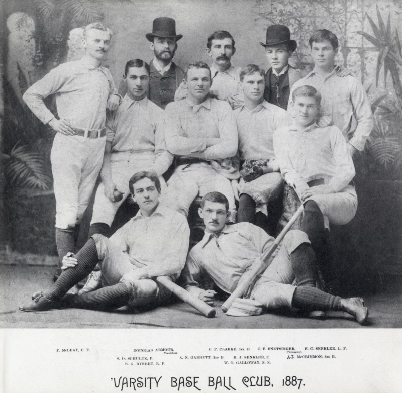 Group portrait of vintage baseball players with the caption Varsity Base Ball Club 1887