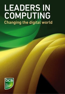Cover of Leaders in Computing: two curved shapes, one green, one yellow, against a black background.
