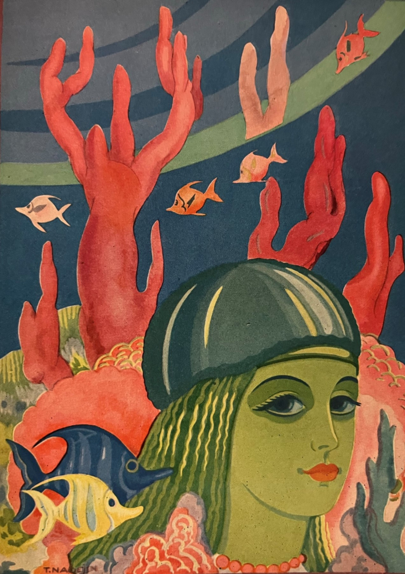 Illustration of a green skinned mermaid among sea creatures and coral reef