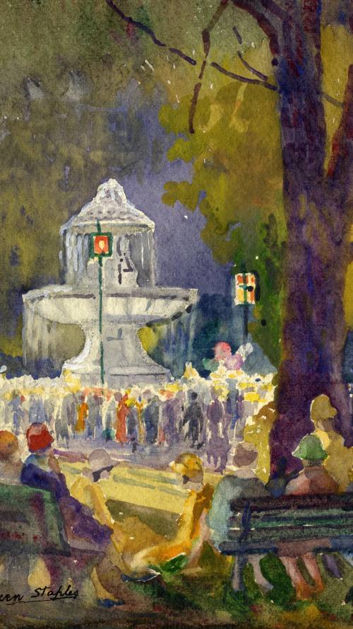 Evocative painting showing people gathering near large fountain in forest area Evocative painting showing people gathering near large fountain in forest area
