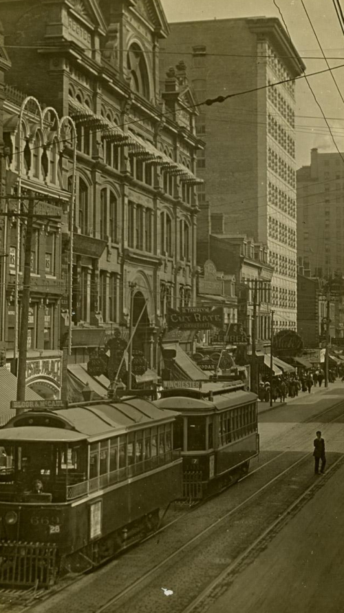 Vintage sepia photo of Streetcars On Yonge Street Vintage sepia photo of Streetcars On Yonge Street