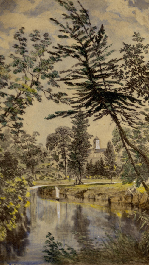 Evocative painting of river winding through nature with large building in distance Evocative painting of river winding through nature with large building in distance