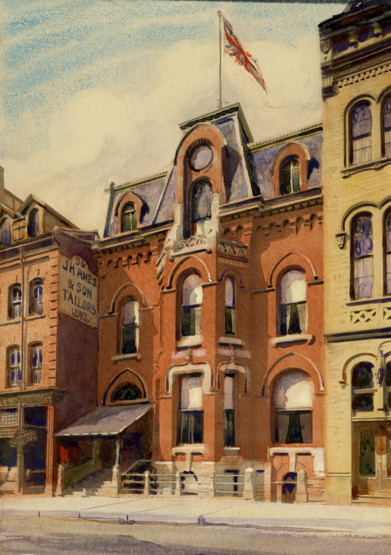 Painting of three storey red building with Union Jack flag on top