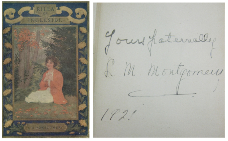 Image of Rilla of Ingleside cover with illustration of woman in nature and a second image showing inscription signed by L M Montgomery
