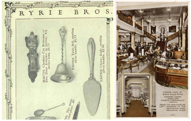 Two images one of snippet of vintage goods catalogue with narrow and long cat shaped object alongside serving wares and a second image showing a vintage postcard of department store spanning two levels with orna