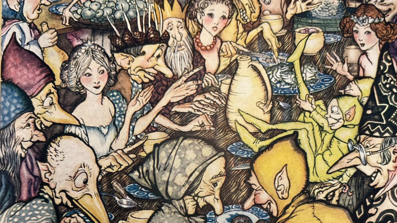 Fairies and elves sitting around a table