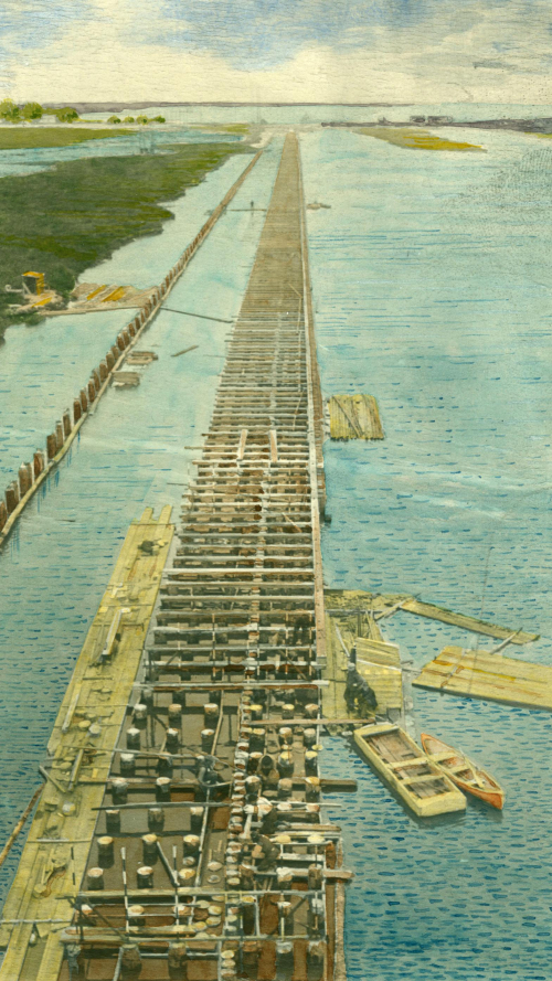 Colourful illustration of long large floating structure running along the short with men building on it Colourful illustration of long large floating structure running along the short with men building on it