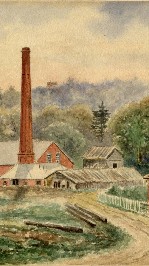 Peaceful painting of building with a stack in forested area and logs Peaceful painting of building with a stack in forested area and logs