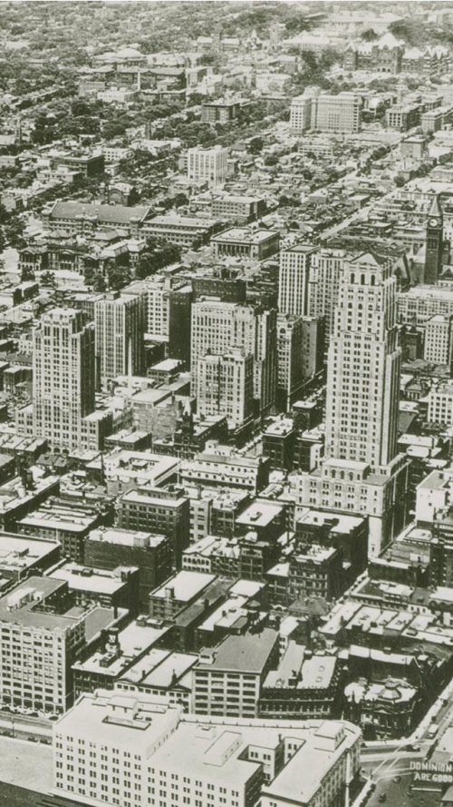 Aerial view of vintage downtown Toronto with only a few tall buildings Aerial view of vintage downtown Toronto with only a few tall buildings