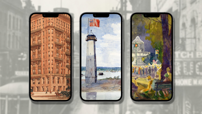 Graphic showing three colourful pone wallpapers of buildings and park against old Toronto photo Graphic showing three colourful pone wallpapers of buildings and park against old Toronto photo