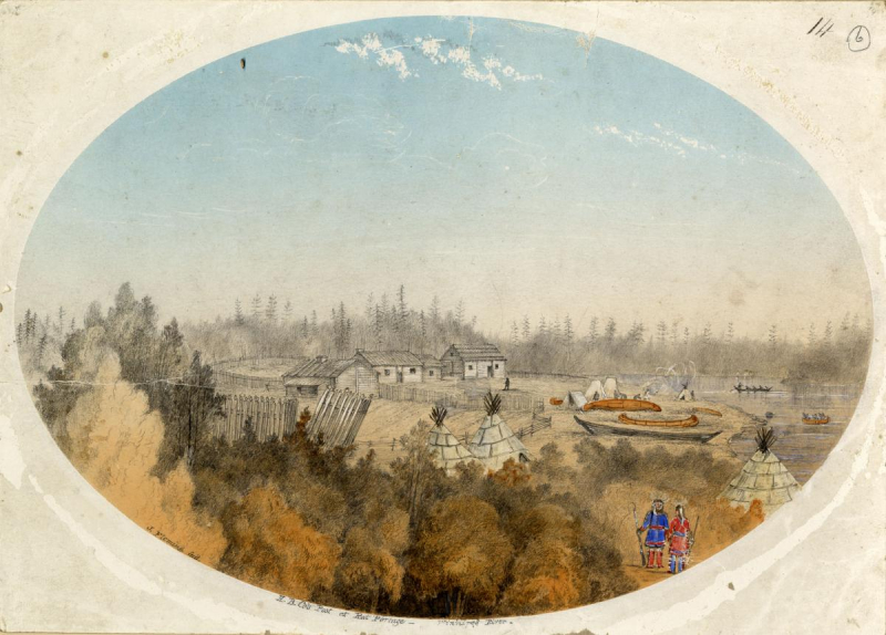 Painting in oval frame of faded paper showing a few housing spots in a wooded area by a lake with two figures in Indigenous clothing
