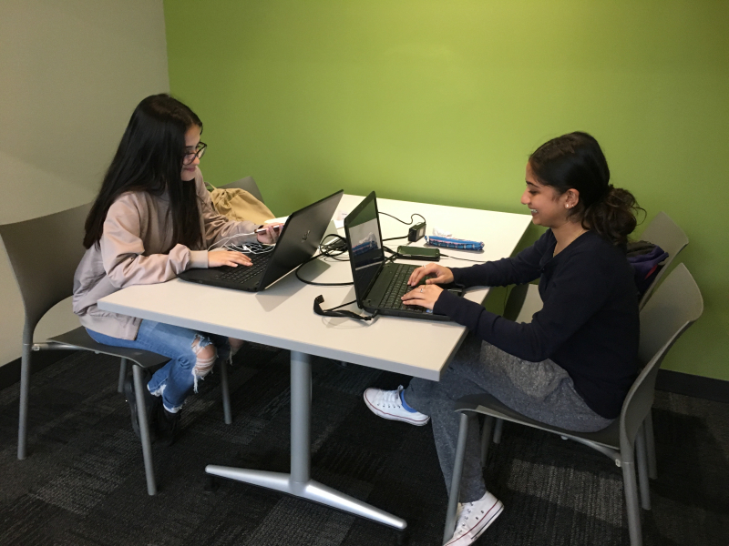 Two women using laptops are studying together at a table in a library branch. Two women using laptops are studying together at a table in a library branch.