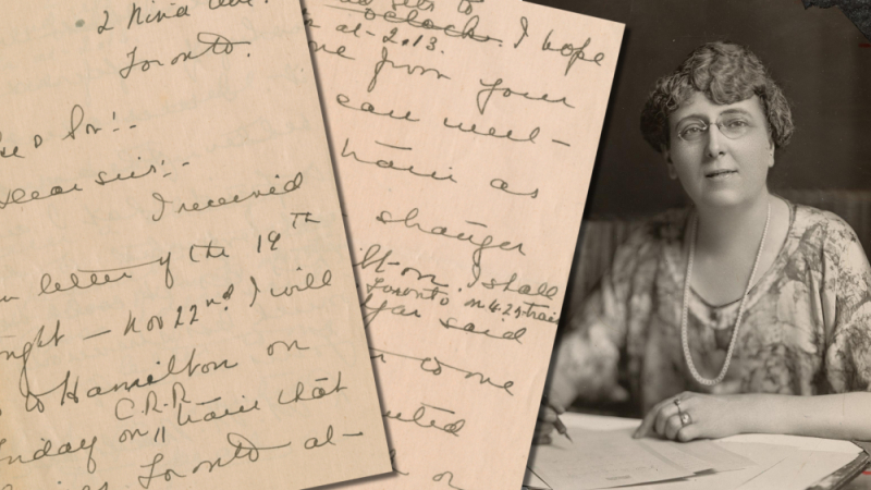 Graphic of two old handwritten letters slayed by vintage photo of woman writing