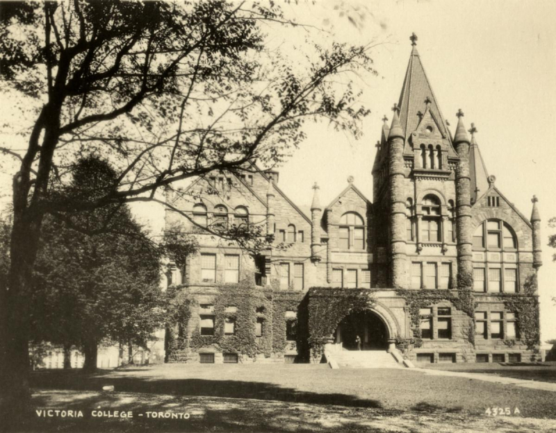 Two tone photo of large brick building with steeples and a caption reading Victoria College Toronto