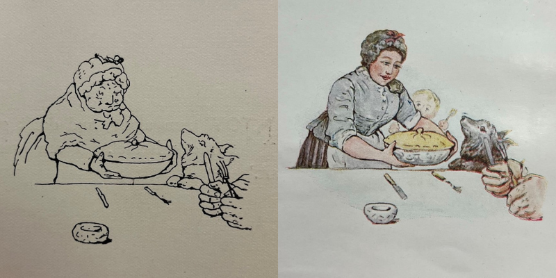 Black and white illustration of older woman holding a pie and colour illustration of younger woman holding a pie