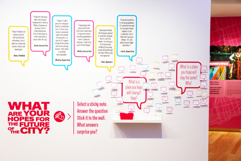 Wall of Block by Block exhibition, showing wall with post-it notes of responses from visitors to questions about hopes for the future of the city.