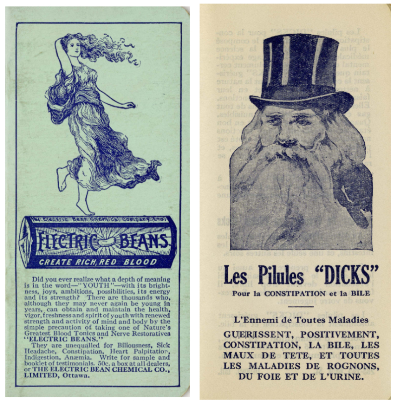 Two side by side images, one showing illustration of woman in gown above product titled Electric beans and lots of text below and the other image of man with French text titles Les Pilules Dicks and lots of text