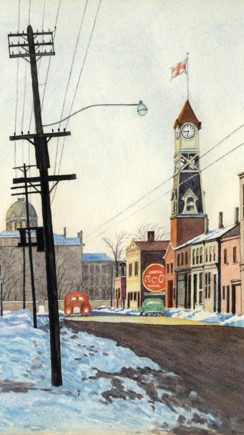 Painterly view of snowy empty street with a tower an powerlines nearby Painterly view of snowy empty street with a tower an powerlines nearby