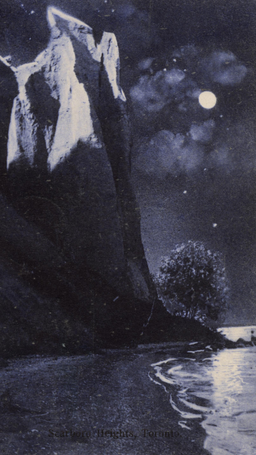 Postcard of night with glowing moon and large land mass jutting up by water Postcard of night with glowing moon and large land mass jutting up by water